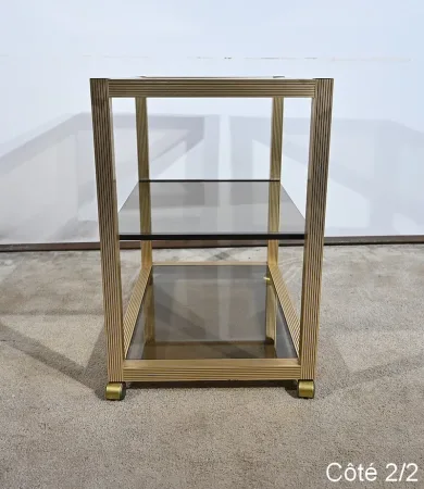 Table Desserte Roulante en Verre Fumé et Laiton, esprit Vandel – 1980