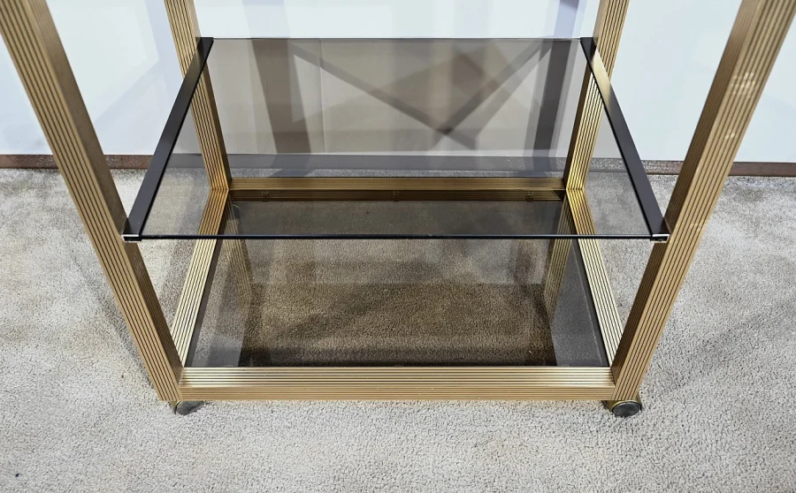 Table Desserte Roulante en Verre Fumé et Laiton, esprit Vandel – 1980