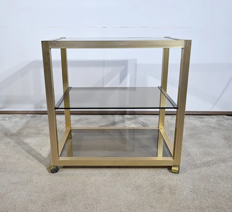 Table Desserte Roulante en Verre Fumé et Laiton, esprit Vandel – 1980