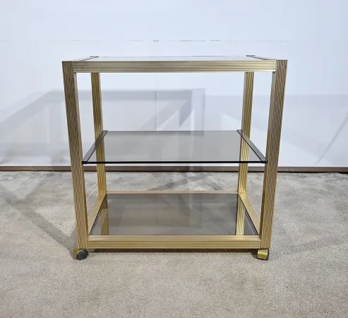 Table Desserte Roulante en Verre Fumé et Laiton, esprit Vandel – 1980