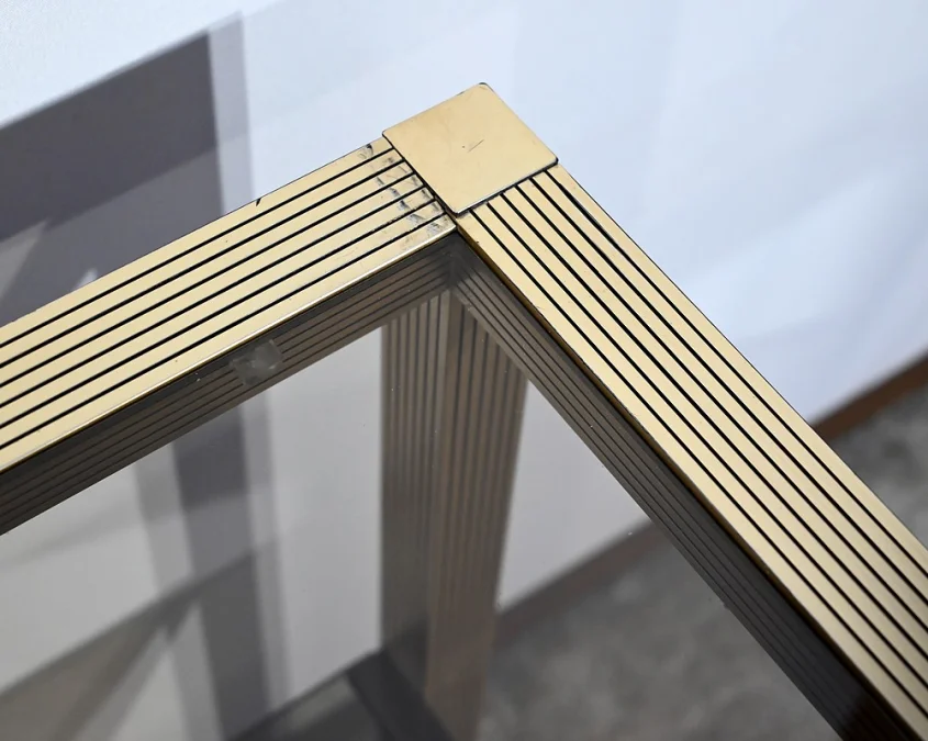 Table Desserte Roulante en Verre Fumé et Laiton, esprit Vandel – 1980