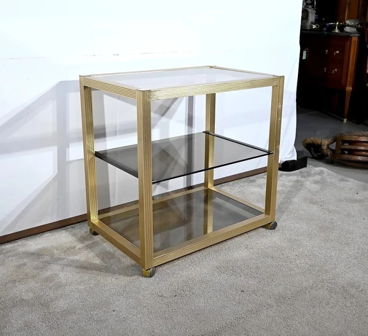 Table Desserte Roulante en Verre Fumé et Laiton, esprit Vandel – 1980
