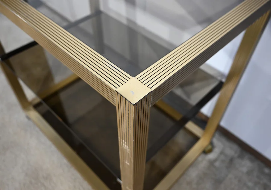 Table Desserte Roulante en Verre Fumé et Laiton, esprit Vandel – 1980