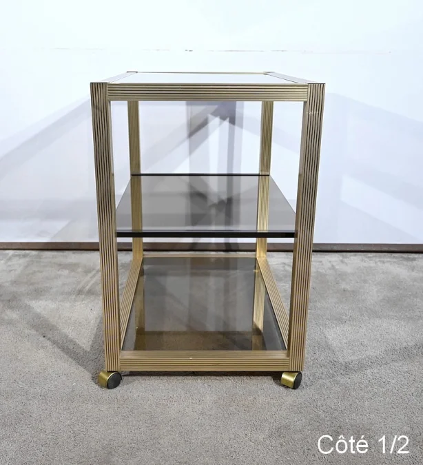Table Desserte Roulante en Verre Fumé et Laiton, esprit Vandel – 1980