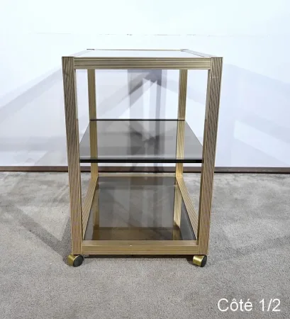 Table Desserte Roulante en Verre Fumé et Laiton, esprit Vandel – 1980