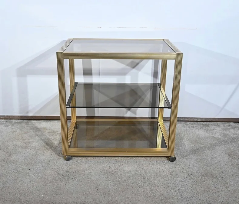 Table Desserte Roulante en Verre Fumé et Laiton, esprit Vandel – 1980