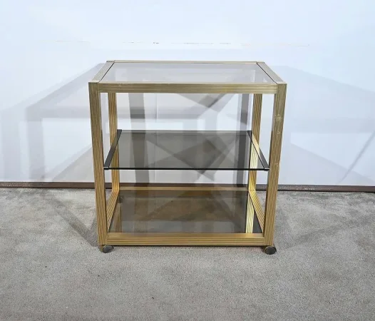 Table Desserte Roulante en Verre Fumé et Laiton, esprit Vandel – 1980