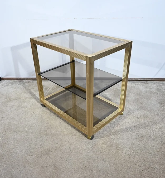 Table Desserte Roulante en Verre Fumé et Laiton, esprit Vandel – 1980