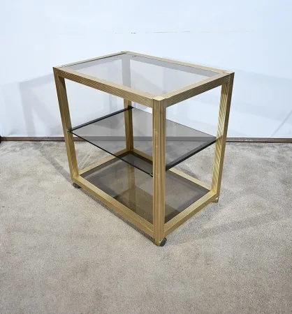 Table Desserte Roulante en Verre Fumé et Laiton, esprit Vandel – 1980