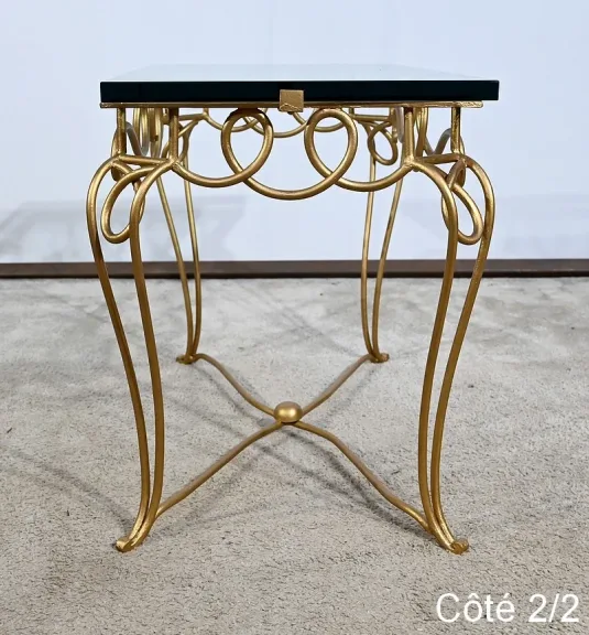 Petite Table en Fer Forgé Doré et Verre, esprit Drouet - 1970