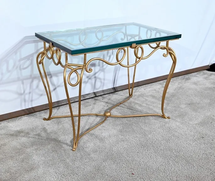 Petite Table en Fer Forgé Doré et Verre, esprit Drouet - 1970