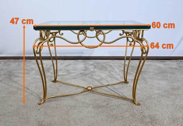 Petite Table en Fer Forgé Doré et Verre, esprit Drouet - 1970
