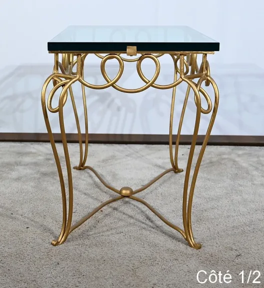 Petite Table en Fer Forgé Doré et Verre, esprit Drouet - 1970
