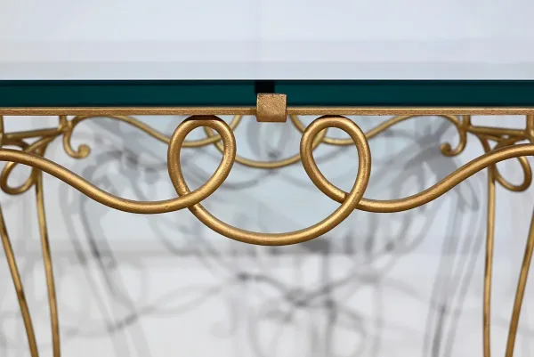 Petite Table en Fer Forgé Doré et Verre, esprit Drouet - 1970