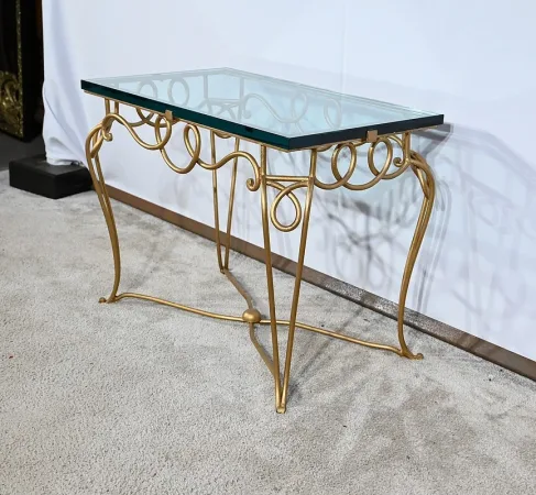 Petite Table en Fer Forgé Doré et Verre, esprit Drouet - 1970