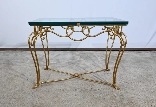 Petite Table en Fer Forgé Doré et Verre, esprit Drouet - 1970