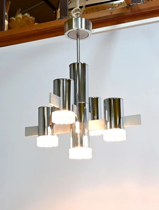 Lustre Moderniste à 5 bras de lumière, Gaetano Sciolari, Italie – 1960