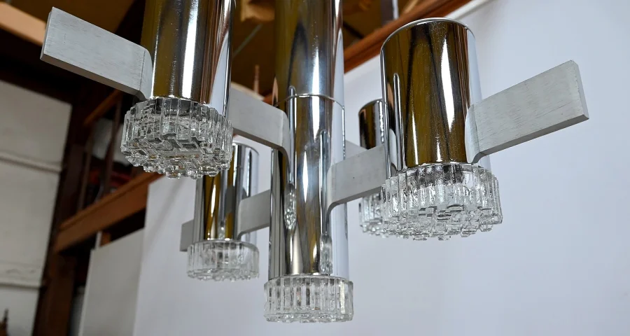 Lustre Moderniste à 5 bras de lumière, Gaetano Sciolari, Italie – 1960