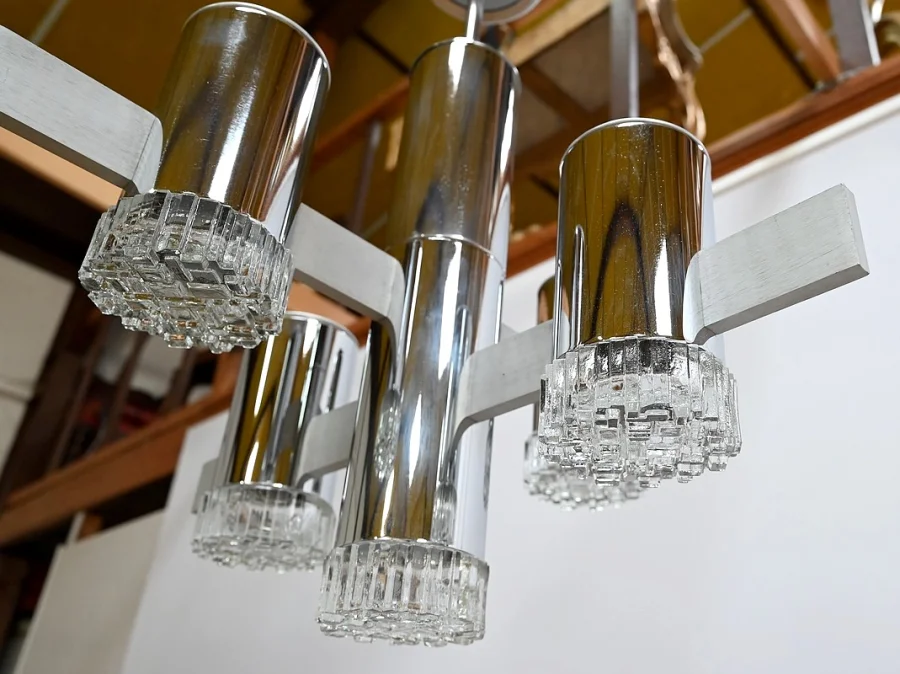 Lustre Moderniste à 5 bras de lumière, Gaetano Sciolari, Italie – 1960