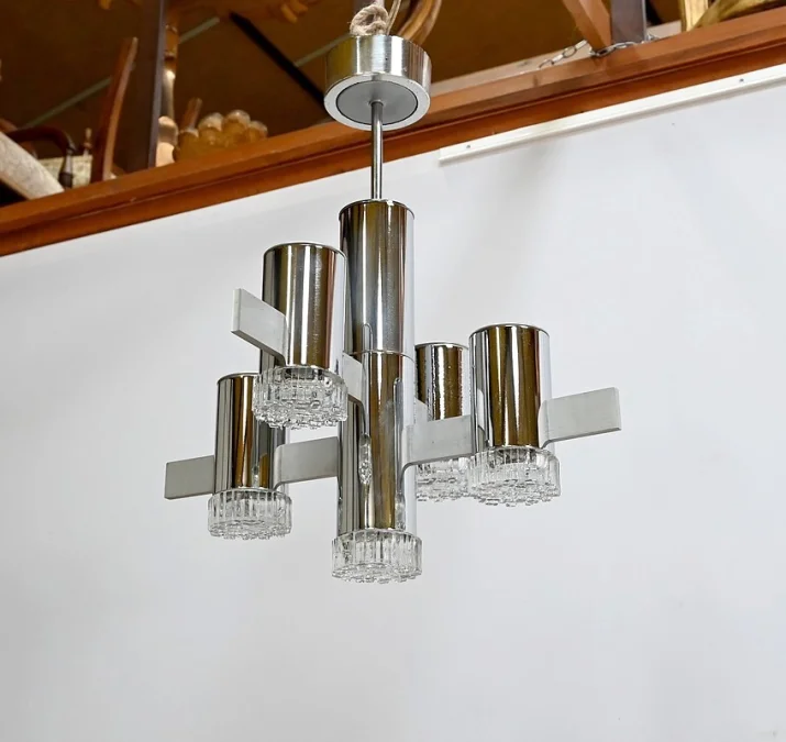 Lustre Moderniste à 5 bras de lumière, Gaetano Sciolari, Italie – 1960