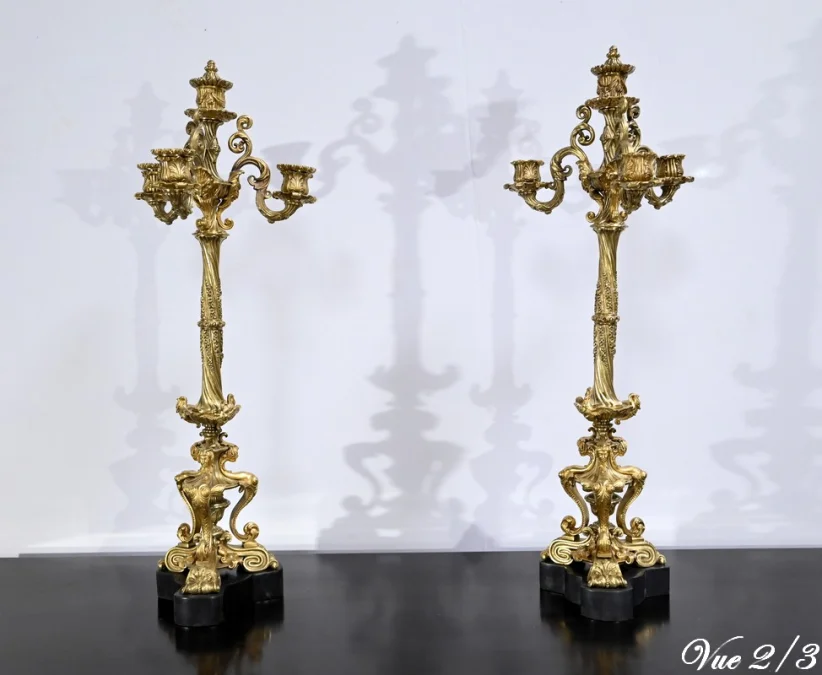 Paire de Candélabres en Bronze Doré, époque Restauration – Début XIXe