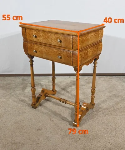 Rare Petite Table Chiffonnière en moucheté d’Amboine et Merisier, époque Louis Philippe – 1re partie XIXe