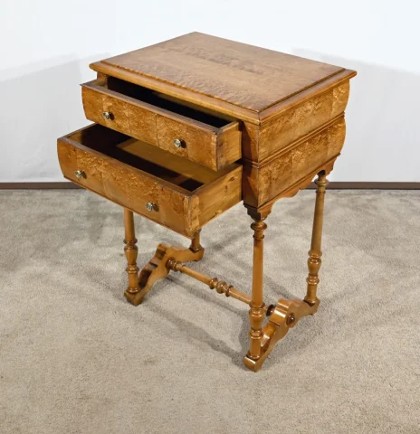 Rare Petite Table Chiffonnière en moucheté d’Amboine et Merisier, époque Louis Philippe – 1re partie XIXe