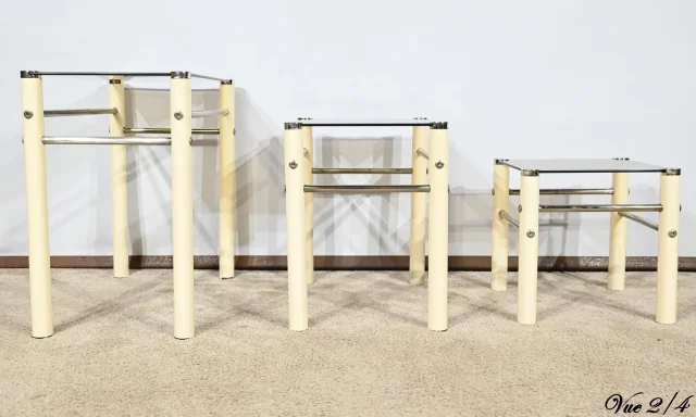 Tables Gigognes en Métal Beige, attribuées à Yves Boutboul – 1970