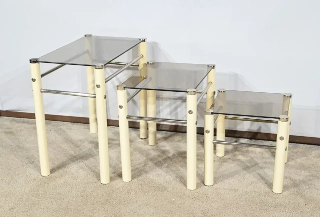 Tables Gigognes en Métal Beige, attribuées à Yves Boutboul – 1970