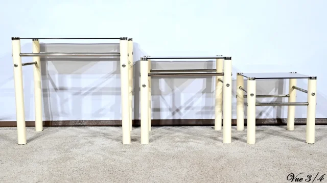 Tables Gigognes en Métal Beige, attribuées à Yves Boutboul – 1970