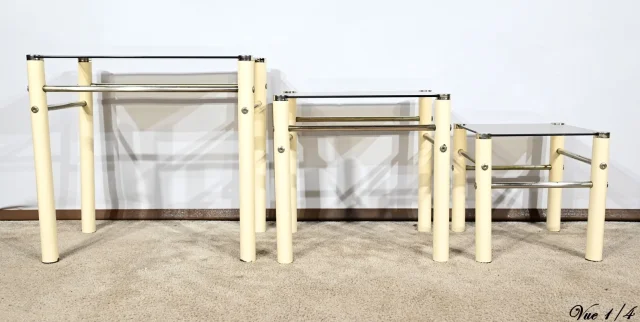 Tables Gigognes en Métal Beige, attribuées à Yves Boutboul – 1970