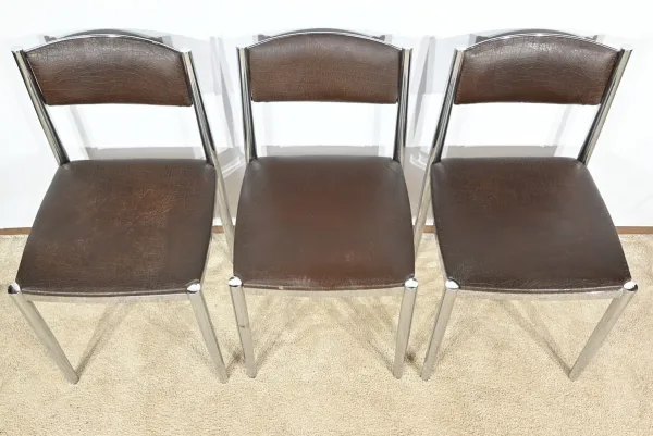 Suite de 3 Chaises en Cuir et Métal Chromé, attribuées à Collomb Création – 1970