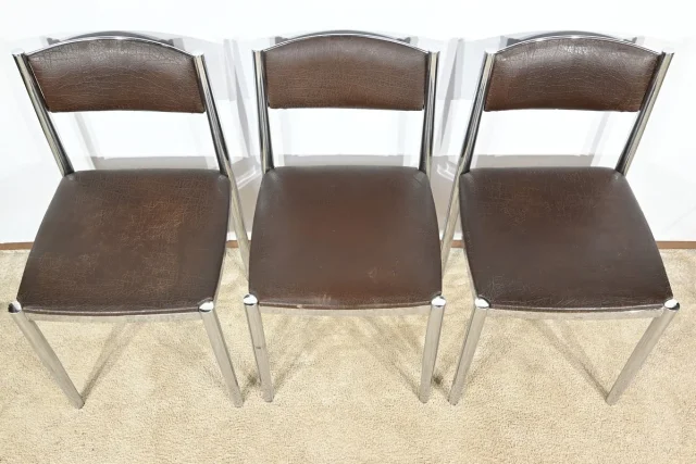 Suite de 3 Chaises en Cuir et Métal Chromé, attribuées à Collomb Création – 1970