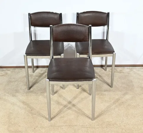 Suite de 3 Chaises en Cuir et Métal Chromé, attribuées à Collomb Création – 1970