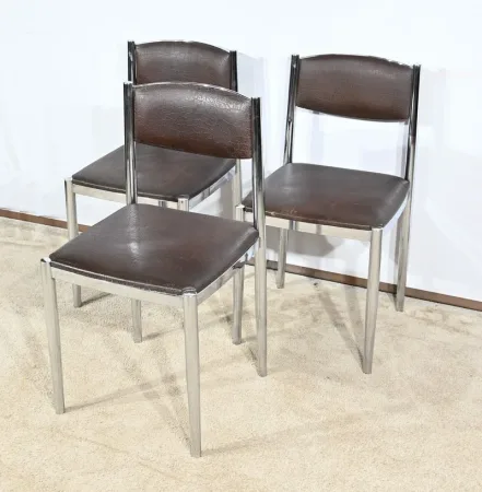 Suite de 3 Chaises en Cuir et Métal Chromé, attribuées à Collomb Création – 1970