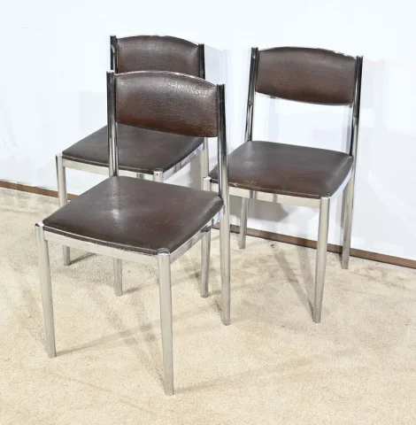 Suite de 3 Chaises en Cuir et Métal Chromé, attribuées à Collomb Création – 1970