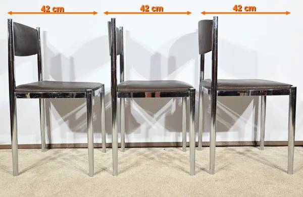 Suite de 3 Chaises en Cuir et Métal Chromé, attribuées à Collomb Création – 1970