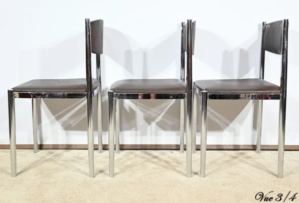 Suite de 3 Chaises en Cuir et Métal Chromé, attribuées à Collomb Création – 1970