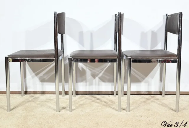 Suite de 3 Chaises en Cuir et Métal Chromé, attribuées à Collomb Création – 1970