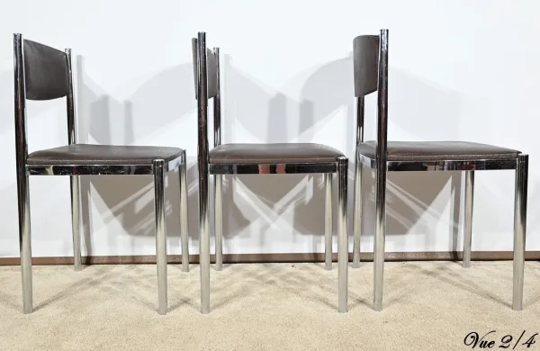Suite de 3 Chaises en Cuir et Métal Chromé, attribuées à Collomb Création – 1970