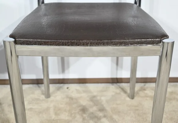 Suite de 3 Chaises en Cuir et Métal Chromé, attribuées à Collomb Création – 1970