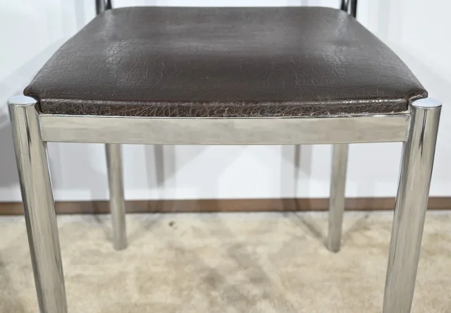 Suite de 3 Chaises en Cuir et Métal Chromé, attribuées à Collomb Création – 1970