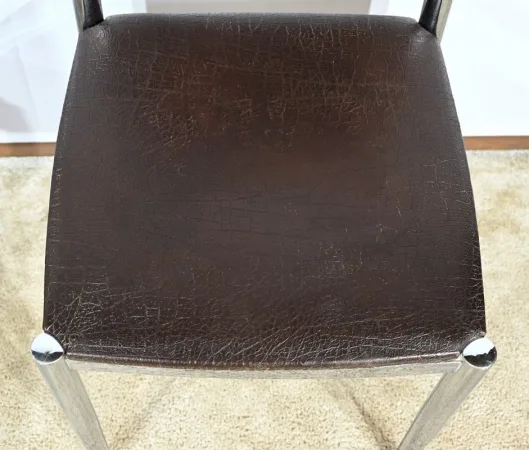 Suite de 3 Chaises en Cuir et Métal Chromé, attribuées à Collomb Création – 1970