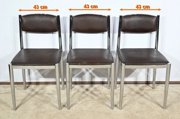 Suite de 3 Chaises en Cuir et Métal Chromé, attribuées à Collomb Création – 1970