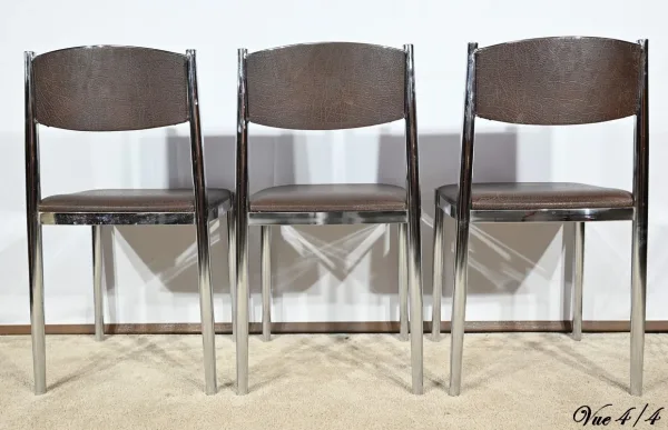 Suite de 3 Chaises en Cuir et Métal Chromé, attribuées à Collomb Création – 1970