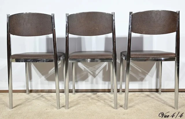 Suite de 3 Chaises en Cuir et Métal Chromé, attribuées à Collomb Création – 1970