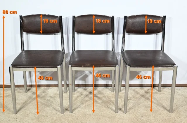 Suite de 3 Chaises en Cuir et Métal Chromé, attribuées à Collomb Création – 1970