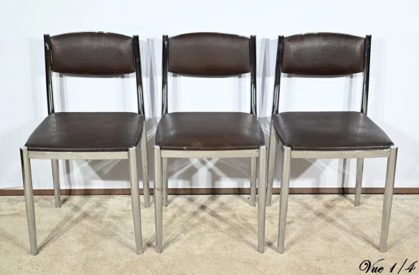 Suite de 3 Chaises en Cuir et Métal Chromé, attribuées à Collomb Création – 1970