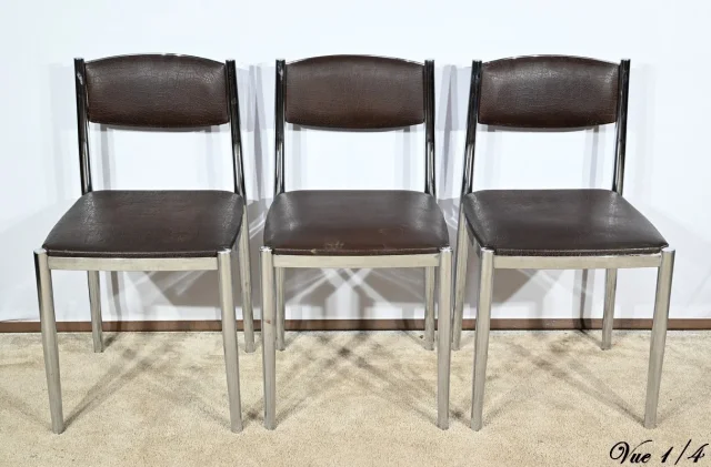 Suite de 3 Chaises en Cuir et Métal Chromé, attribuées à Collomb Création – 1970