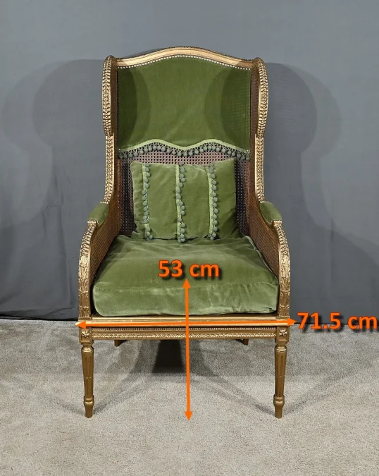 Importante Bergère en Bois Doré et à Oreilles Cannées, style Louis XVI – 1900